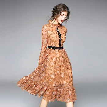 Moda Čipkasto Obleko Ženske Dolg Rokav Oranžna Mozaik Obleko Visoke Kakovosti pomlad Poletje Lady Slim Naguban Obleke Vestidos