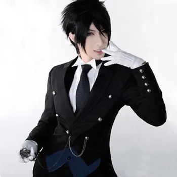 Anime Black Butler Sebastian Michaelis Enotno Cosplay Kostum Celoten Sklop Jopičem ( Plašč /Telovnik/Majica /Hlače /Kravato )