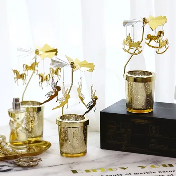 Zlato Obračanje Svijećnjak Pretek CandleChirstmas Kovinski Rotaing Svečnik Romantično Rotacijski Predenje TeaLight Doma Dekoracijo