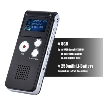 8GB Intelligent Digital Audio Snemalnik Dictaphone WAV, WMA, MP3 Predvajalnik Glasbe Vključite Glasovno VAR A-B Ponavljanje Snemalnik Zvoka