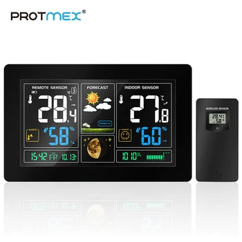 PROTMEX EU Plug Brezžične Vremenske Postaje Temperatura Vlažnost Senzor Barvit Zaslon LCD Vremenska Napoved RKC Ure V/na prostem