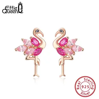 Effie Kraljica 925 Sterling Srebrni Uhani za Ženske Flamingo Ptica Stud Uhan Majhne 4A Cirkon Rose Gold Barvi Srebrni Nakit BE164