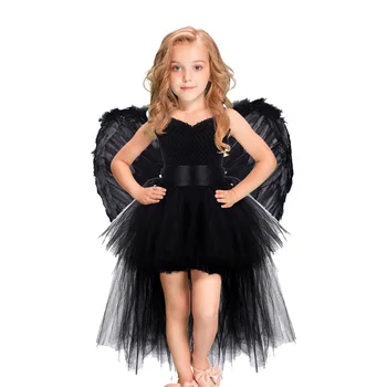 Solid Black Angel Halloween Kostume, Otroci, Dekleta, Tutu Obleko Dolgim Repom Dolžina Obleke Hudič Kostum Cosplay Obleke, Krila Samorog