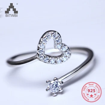Koreja Nov Slog 925 Sterling Srebro Preprosta Modna Elegantna Diamond Odprto Srce Obroč, Nakit za Ženske