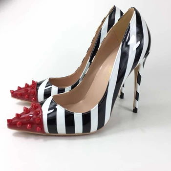 2020 Zebra konicami prstov lady črpalke pu usnje rdeče zakovice Visoko peto čevlje seksi slip-on poroka ženske čevlje