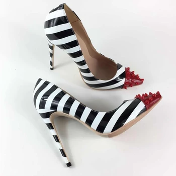 2020 Zebra konicami prstov lady črpalke pu usnje rdeče zakovice Visoko peto čevlje seksi slip-on poroka ženske čevlje