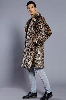 Nova blagovna Znamka Čeden Moški Dolgo Specializiranimi za umetno Krzno, Leopard Tiskanja Moške Obleko Ovratnik Suknjič Jeseni in Pozimi Toplo moška Jakna Plašč