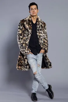 Nova blagovna Znamka Čeden Moški Dolgo Specializiranimi za umetno Krzno, Leopard Tiskanja Moške Obleko Ovratnik Suknjič Jeseni in Pozimi Toplo moška Jakna Plašč