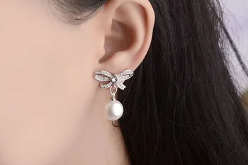 Nov prihod visoka kakovost modnih pearl bowknot cirkon 925 sterling srebro ženske'stud uhani za ženske, nakit darilo