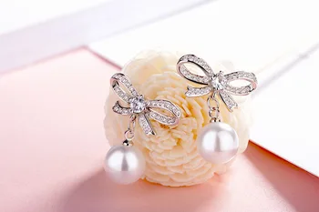 Nov prihod visoka kakovost modnih pearl bowknot cirkon 925 sterling srebro ženske'stud uhani za ženske, nakit darilo