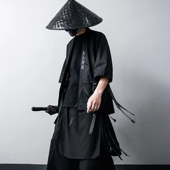 G.-DONOO Japonski Slog Harajuku Vezenje Črno Belo Jakno Moda Traku Moški Plašč Temno Ulične Moški QT3023-5002