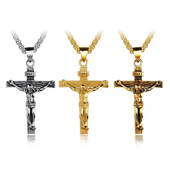 Vintage Zlati Križ INRI Ogrlico, Obesek za Moške Fant Križ Jezusa Krščanski Moški Nakit iz Nerjavečega Jekla Ogrlice