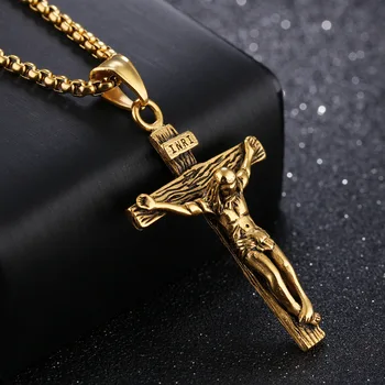 Vintage Zlati Križ INRI Ogrlico, Obesek za Moške Fant Križ Jezusa Krščanski Moški Nakit iz Nerjavečega Jekla Ogrlice