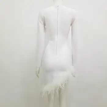 Zimski Modni Seksi Dolg Rokav Očesa Pero Bele Žene Bodycon Povoj Obleko 2020 Ženski Večer Stranka Obleko Elegantno