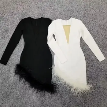 Zimski Modni Seksi Dolg Rokav Očesa Pero Bele Žene Bodycon Povoj Obleko 2020 Ženski Večer Stranka Obleko Elegantno