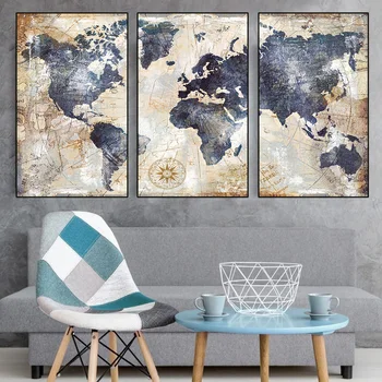 Modularna 3 plošče akvarel Skandinavskih Cuadros plakatov in fotografij na zemljevidu sveta platno stensko slikarstvo umetnost slike za dnevno sobo