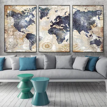 Modularna 3 plošče akvarel Skandinavskih Cuadros plakatov in fotografij na zemljevidu sveta platno stensko slikarstvo umetnost slike za dnevno sobo