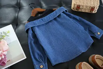 2020 Jeseni Novo Bluzo Shirt za Dekleta, Obleka Otroci Priložnostne Vrhovi Padec Malčka Denim Shoulderless Bluzo Majica Chlidren Oblačila