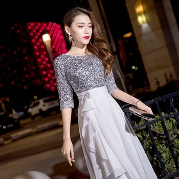 To je Yiiya Večerno Obleko Elegantno O-vratu Večerne Obleke Srebrnimi Bleščicami LF174 Formalno Halje Dolg Rokav Pol haljo de soiree 2020