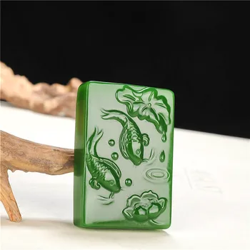 Kitajski Naravnih Green Jade Ribe Lotus Ogrlico, Obesek, Ročno Izrezljano Čar, Moda Jadeit Nakit Amulet za Moške, Ženske, Darila