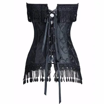 Elegantne Ženske Gothic Oblačil Steampunk Brocade Stezniki Tassel Brez Njih Overbust Bustier Plus Velikost Slim Body Shaper Črno Bel