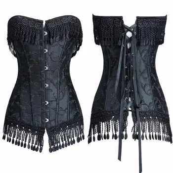 Elegantne Ženske Gothic Oblačil Steampunk Brocade Stezniki Tassel Brez Njih Overbust Bustier Plus Velikost Slim Body Shaper Črno Bel