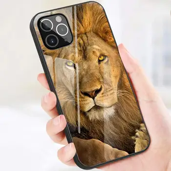 Za iPhone 11 12 Max Pro Mini XR XS X 8 7 6 6S Plus SE 2020 Primeru Živali Lev, Kaljeno Steklo, Okvir Soft Hrbtni Pokrovček Coque Fundas