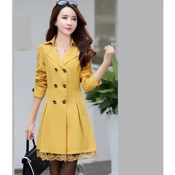 UHYTGF Moda korejski Pomlad Jesen Vrhnja Ženska Dvojno zapenjanje čipke elegantna ženska jakna Slim dolgo Windbreaker Coats 139