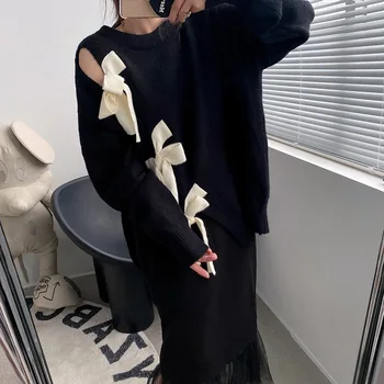 2020 jeseni in pozimi novi korejski priložnostne moda ohlapno okoli vratu dame dolgo sleeved lok, barva puloverju pulover ženske