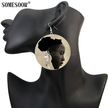 SOMESOOR Dvojno Straneh Tiskanja Črni Angel Afro Kraljica Artstic Lesene Spusti Uhani Afriške Zemljevid Etnične Barve Visijo Za Ženske, Darila