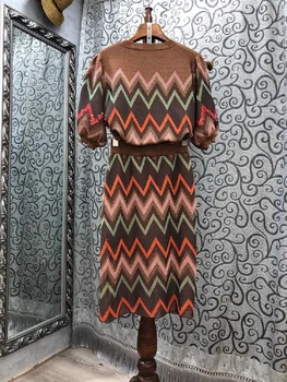 2020 Jesensko Zimski Modni Pulover Obleke, Ženske Geometrijske Vzorce Pleteni Puloverji+Mid-Tele Dolžina Toplo Krilo Določa Dve Kos