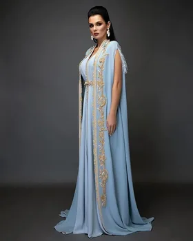 Svetlo Modro Nebo, Šifon Dolg Rokav Večerne Obleke Maroški Caftan Z Zlato Vezenje Islamske Dubaj Savdska Arabski Prom Oblačenja Ab