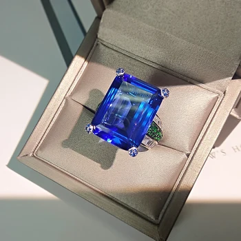 FFGEMS Sterling Srebro 925 veliki prstani modra, temno Modra akvamarin Gemstone, Fine Nakit za Ženske svate Darilo 2020 polje