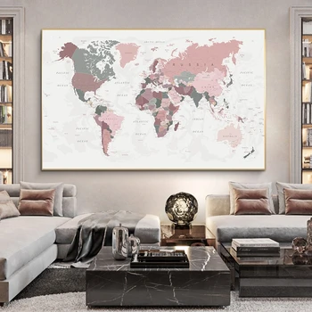Svetovni Zemljevid Poster Tiskanje Roza Barve Wall Art Platno Slikarstvo Velika Velikost Stenske Slike za Dnevni Sobi Doma Dekor Cuadros Brez Okvirja