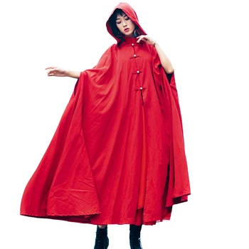 Hooded rdeče ogrinjalo ženske 2020 pomlad jesen literarni letnik ženska bombaž perilo dolgo cape poncho kerst obleko dames