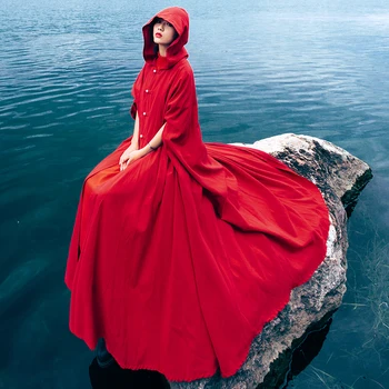 Hooded rdeče ogrinjalo ženske 2020 pomlad jesen literarni letnik ženska bombaž perilo dolgo cape poncho kerst obleko dames