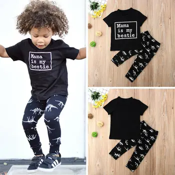2Pcs Baby Boy risanka dinozaver bo ustrezala kratek rokav črno Bombažno majico, Vrhovi +Dinozaver Hlače Novorojenih Otrok Obleke Oblačila
