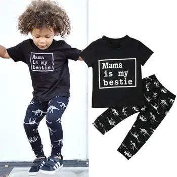 2Pcs Baby Boy risanka dinozaver bo ustrezala kratek rokav črno Bombažno majico, Vrhovi +Dinozaver Hlače Novorojenih Otrok Obleke Oblačila
