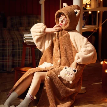 Plus Velikost Hooded Haljo Pozimi Pižamo Ženske Sleepwear Peluche Noč-Obleke Jopico Pižame Koralni Žamet Pižamo Moda Domačo Rabo