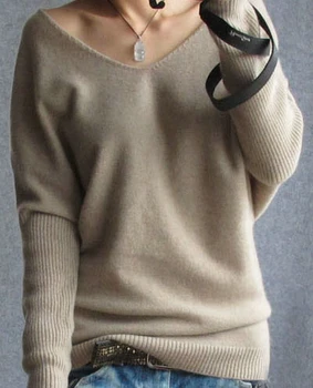 Volne batwing rokav plus velikost pletene vrhovi Pomlad jesen puloverje ženske modni seksi proti-vrat ohlapen pulover
