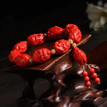 Kitajski Naravni Red Organskih Cinnabar Lohan Kroglice Elastično Zapestnico Bangle Budizem Amulet Čar Nakit Modni Ženska Darila