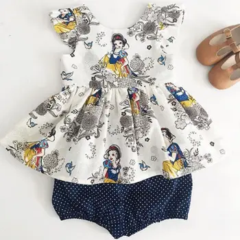 2018 Nov Prihod Snow White Print Otroci Baby Dekleta Vrhovi T shirt+Polka Dot Hlače, Hlačke Otrok Poletje 2pcs Obleke Komplet Oblačil