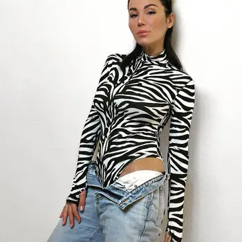 Zebra Print Turtleneck Bodysuit Bodycon Dolg Rokav Obleka, Ženske Črno Belo Telo Suh Seksi Enem Kosu Romper Jumpsuits