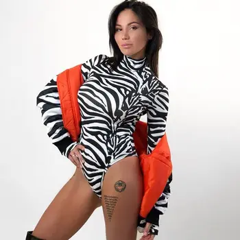 Zebra Print Turtleneck Bodysuit Bodycon Dolg Rokav Obleka, Ženske Črno Belo Telo Suh Seksi Enem Kosu Romper Jumpsuits