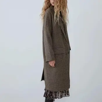 ZA jesen zimo volne tweed plašč ženske dolgo slog letnik kariran priložnostne žensk windbreaker Vrhnja oblačila volnene jarek parka ženske