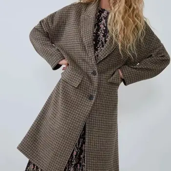 ZA jesen zimo volne tweed plašč ženske dolgo slog letnik kariran priložnostne žensk windbreaker Vrhnja oblačila volnene jarek parka ženske
