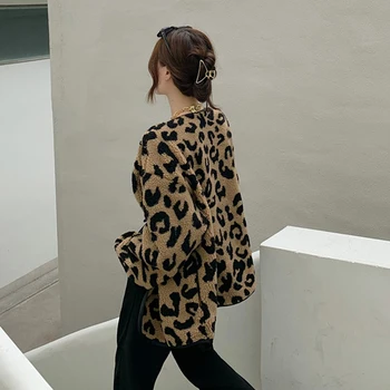 Lucyever Letnik Leopard Ženske Jakna Jeseni Dolg Rokav Umetno Kašmir Elegantni Ženski Plašč Vzročno Pozimi Ohlapna Oblačila, nove do leta 2020