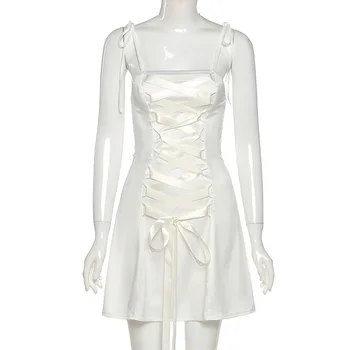 ALLNeon Y2K Ulične Čipke-up Saten Cami Obleko letu 2000 Moda Povoj A-line Bel Mini Obleka Vintage E-girl Obleke Backless