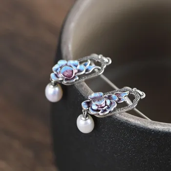 Resnična S925 čisto srebrni modni nakit modra uhani za ženske Tajski srebro cloisonne biser uhani za ženske uhani silver