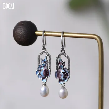 Resnična S925 čisto srebrni modni nakit modra uhani za ženske Tajski srebro cloisonne biser uhani za ženske uhani silver